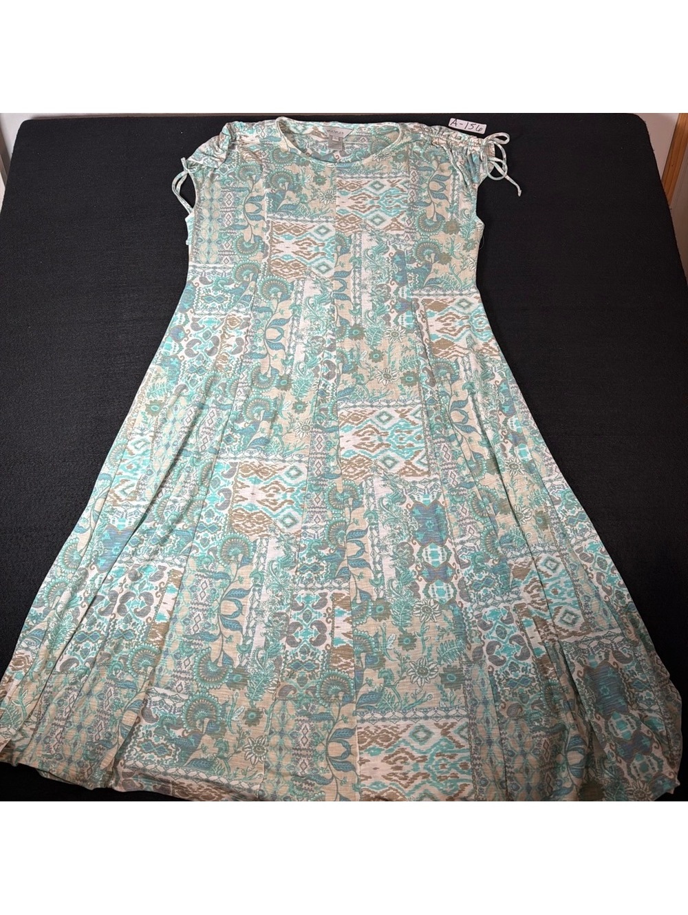 Multiples Women’s L Midi Maxi Dress Teal Boho Patchwork Print Ruched Tie NWT